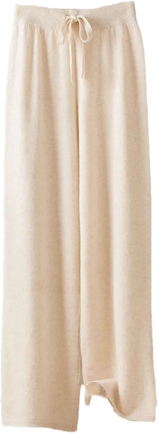 Women Elastic Waist Wide-Leg Wool Pants Vintage Lace Up Soft Drawstring Trousers