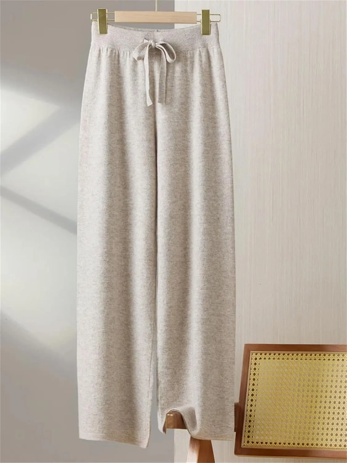 Women Elastic Waist Wide-Leg Wool Pants Vintage Lace Up Soft Drawstring Trousers