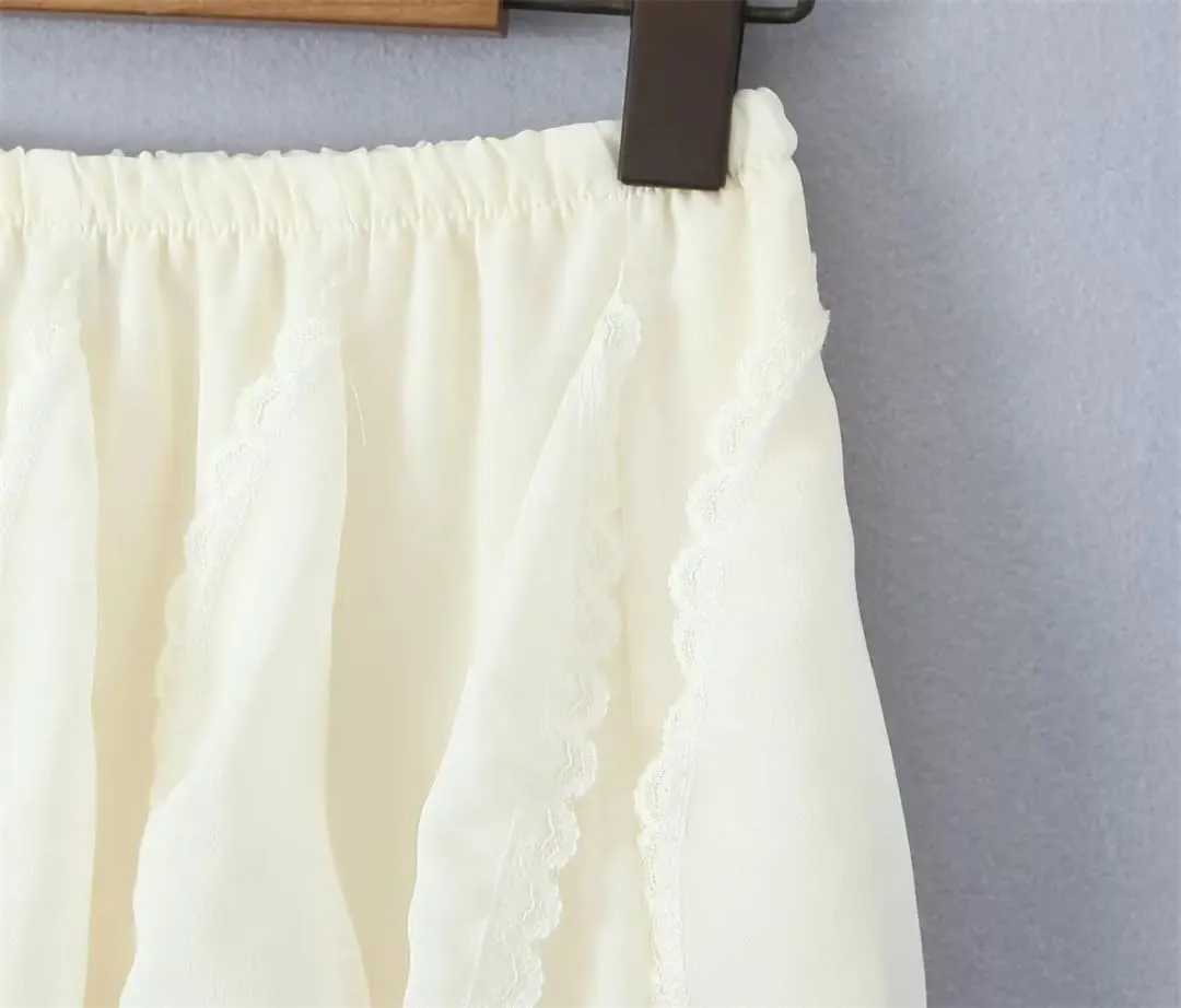 Women Lace Trim Layered A-Line Skirt Beach Party Club Streetwear Elastic High Waist Summer Skirts