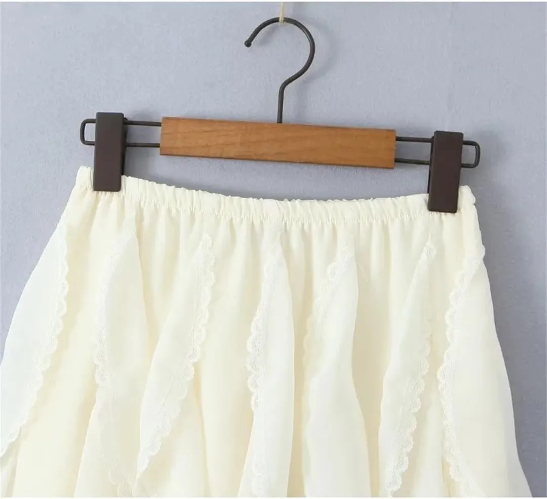 Women Lace Trim Layered A-Line Skirt Beach Party Club Streetwear Elastic High Waist Summer Skirts