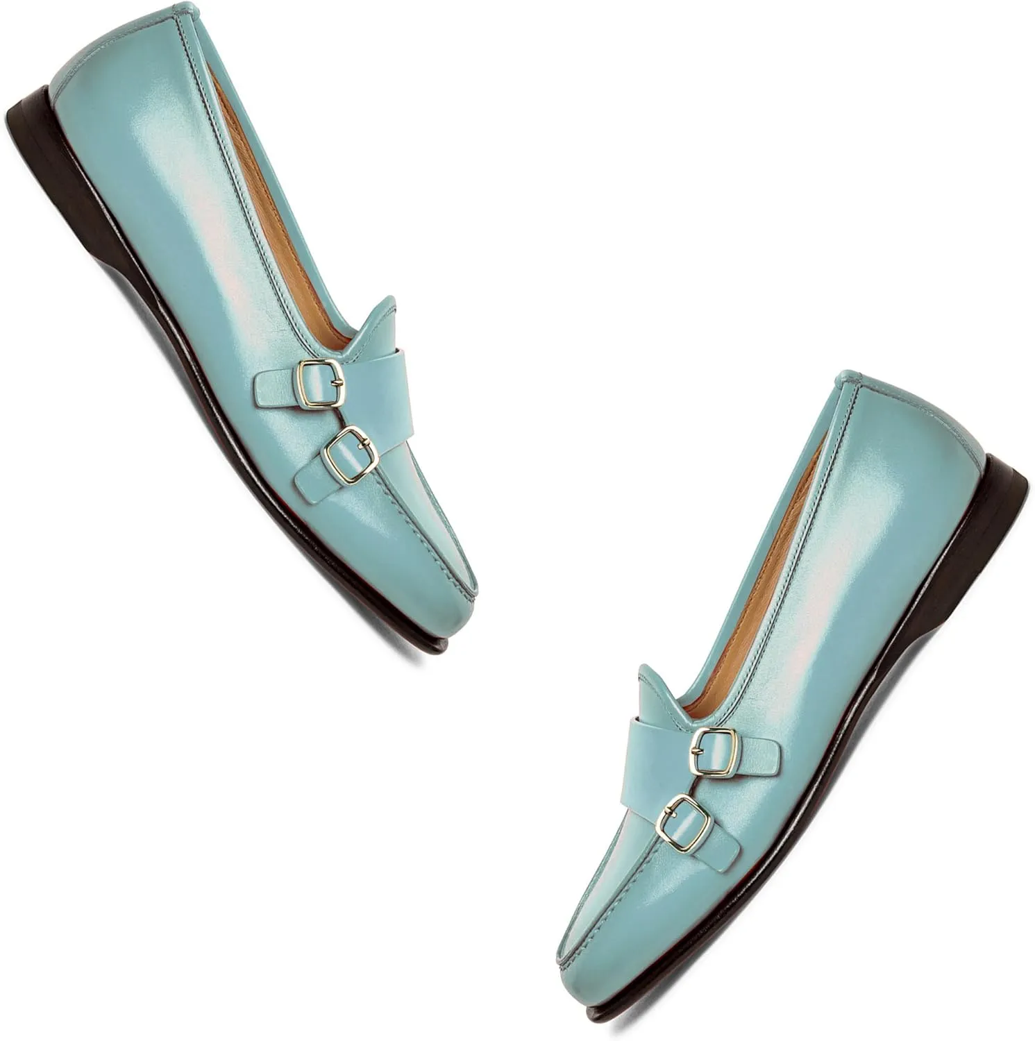 Women Round Toe Slip On Loafer Flats Monk Strap Casual Comfy 1 inch Flat Heel Dress Loafers Patent Buckle Strap Penny Loafers Office Ladies Walking Drive Loafers Retro 4-11 M US