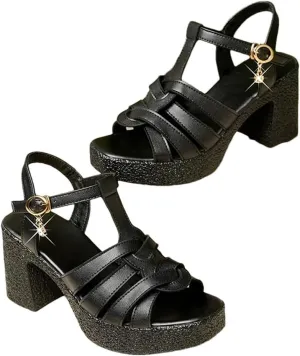 Women Sandals High Heel Woven Buckle Strap Square Heel Non-Slip Sole Office Gladiator Casual Summer Beach Sandals