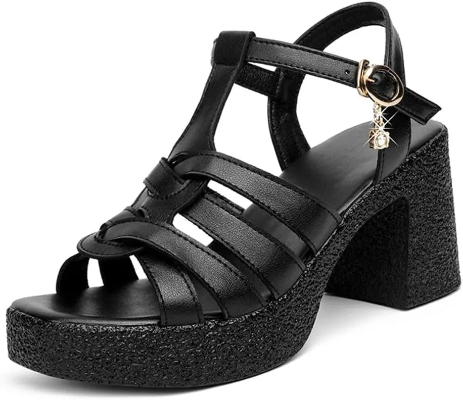 Women Sandals High Heel Woven Buckle Strap Square Heel Non-Slip Sole Office Gladiator Casual Summer Beach Sandals