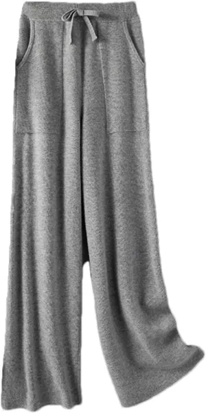 Women Solid High Waist Wide-Leg Lace Up Pants Vintage Knitted Pocket Wool Soft Trousers