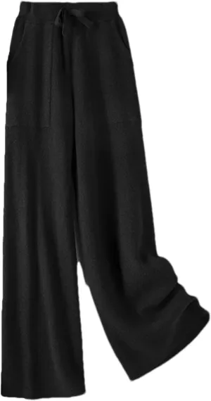 Women Solid High Waist Wide-Leg Lace Up Pants Vintage Knitted Pocket Wool Soft Trousers