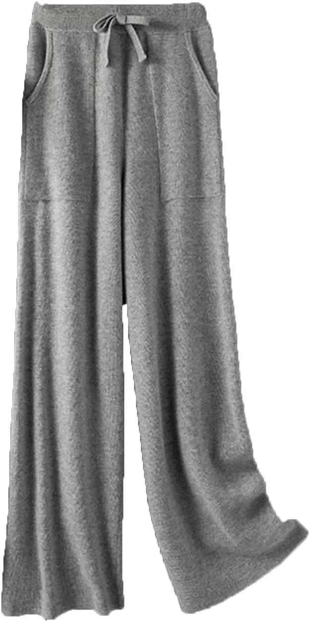 Women Solid High Waist Wide-Leg Lace Up Pants Vintage Knitted Pocket Wool Soft Trousers