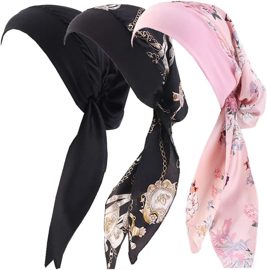 Women Vintage Silky Turbans Bonnet Elastic Wide Band Multifunction Printing Hat Chemo Hair Loss Cap