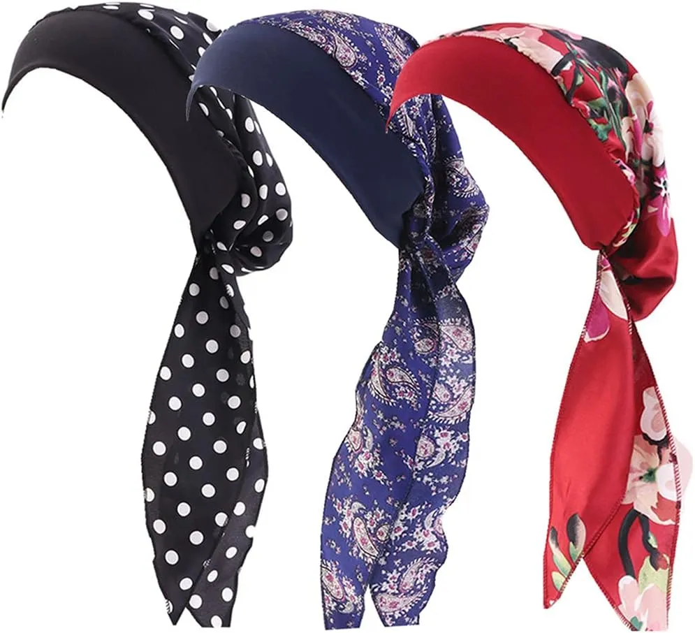 Women Vintage Silky Turbans Bonnet Elastic Wide Band Multifunction Printing Hat Chemo Hair Loss Cap