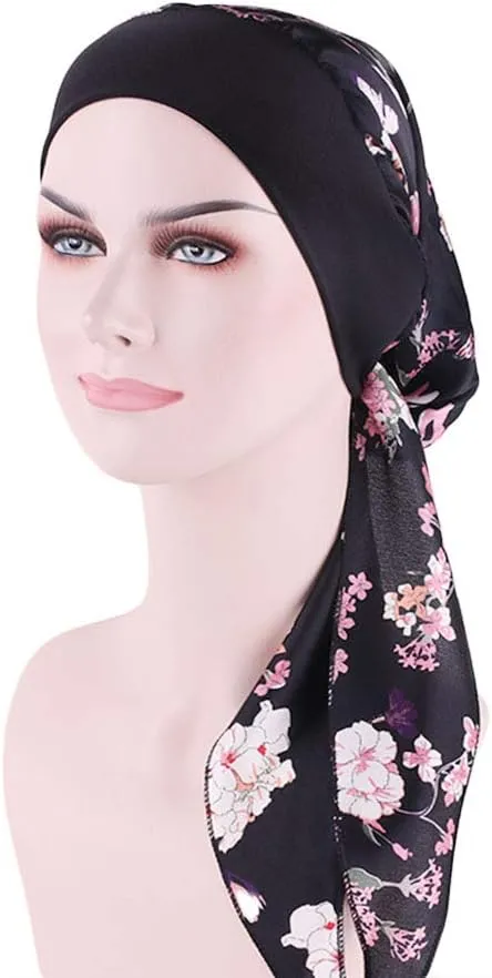 Women Vintage Silky Turbans Bonnet Elastic Wide Band Multifunction Printing Hat Chemo Hair Loss Cap