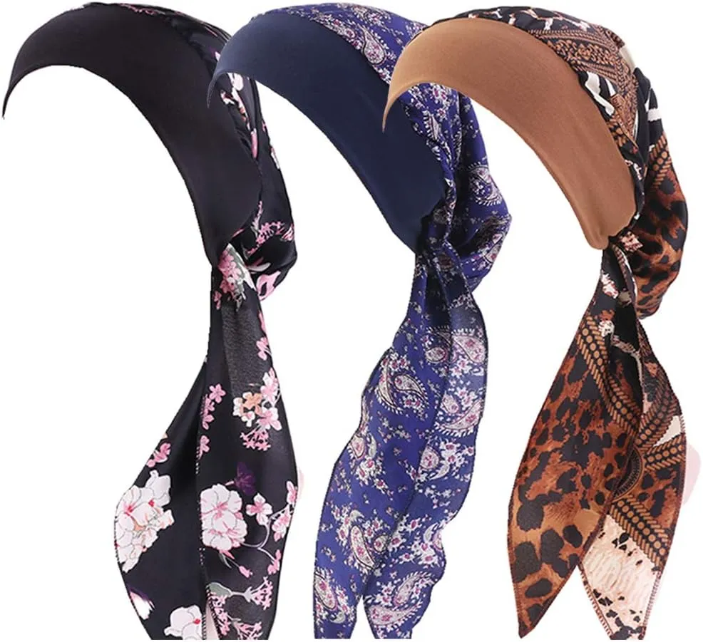 Women Vintage Silky Turbans Bonnet Elastic Wide Band Multifunction Printing Hat Chemo Hair Loss Cap