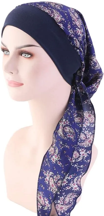 Women Vintage Silky Turbans Bonnet Elastic Wide Band Multifunction Printing Hat Chemo Hair Loss Cap