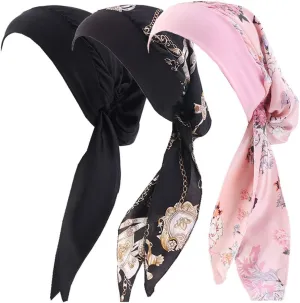 Women Vintage Silky Turbans Bonnet Elastic Wide Band Multifunction Printing Hat Chemo Hair Loss Cap