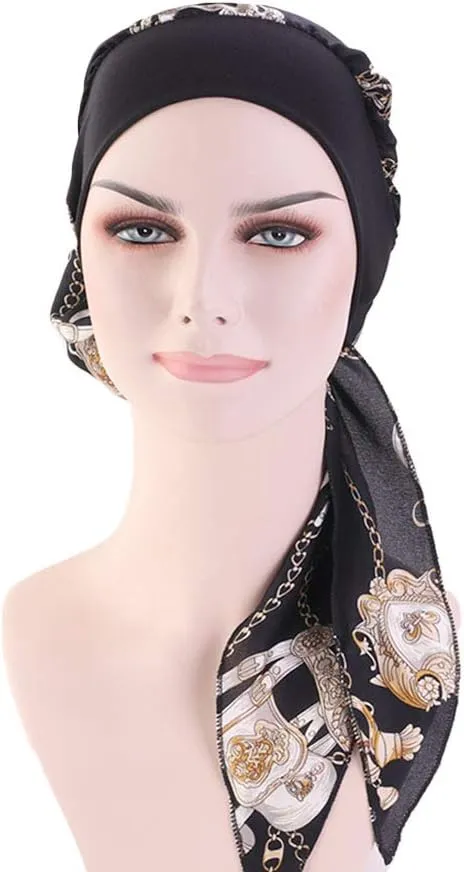 Women Vintage Silky Turbans Bonnet Elastic Wide Band Multifunction Printing Hat Chemo Hair Loss Cap