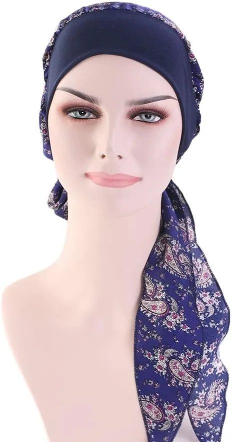 Women Vintage Silky Turbans Bonnet Elastic Wide Band Multifunction Printing Hat Chemo Hair Loss Cap