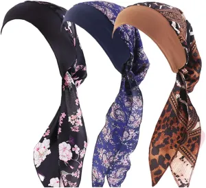 Women Vintage Silky Turbans Bonnet Elastic Wide Band Multifunction Printing Hat Chemo Hair Loss Cap