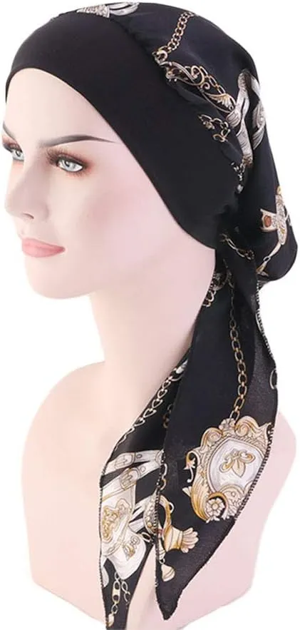 Women Vintage Silky Turbans Bonnet Elastic Wide Band Multifunction Printing Hat Chemo Hair Loss Cap