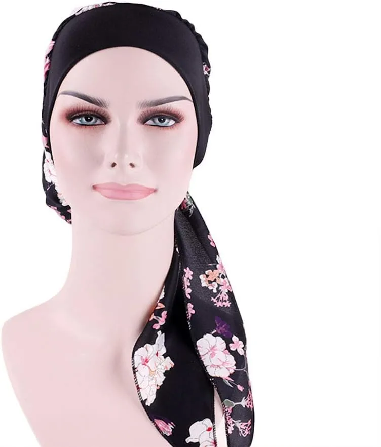 Women Vintage Silky Turbans Bonnet Elastic Wide Band Multifunction Printing Hat Chemo Hair Loss Cap