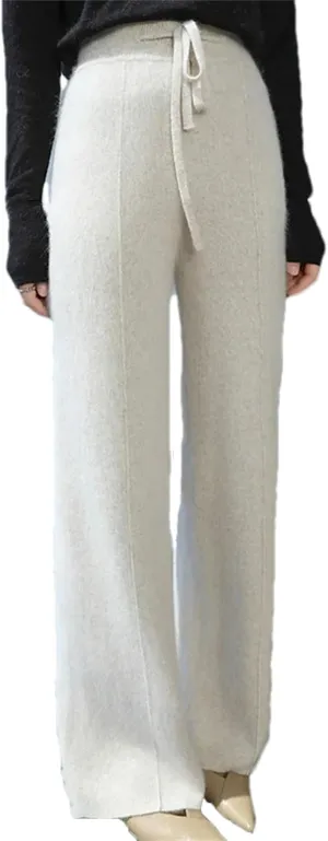 Women Wide Leg Split Wool Knitting Pants Classic Solid Lace Up Soft Warm Stripe Trousers