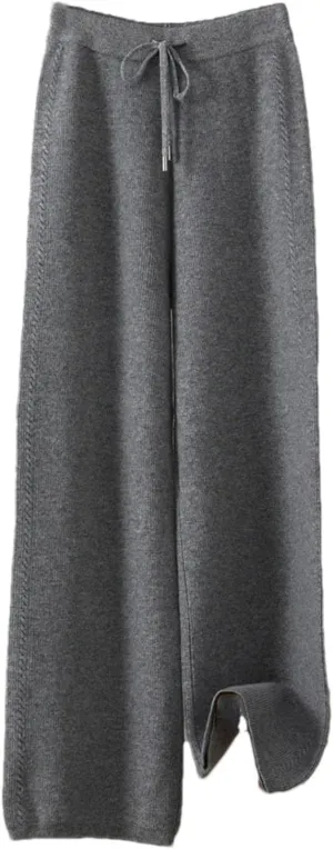 Women Wide-Leg Wool Knitted Elastic Waist Pants Vintage Solid Lace Up Twisted Soft Trousers