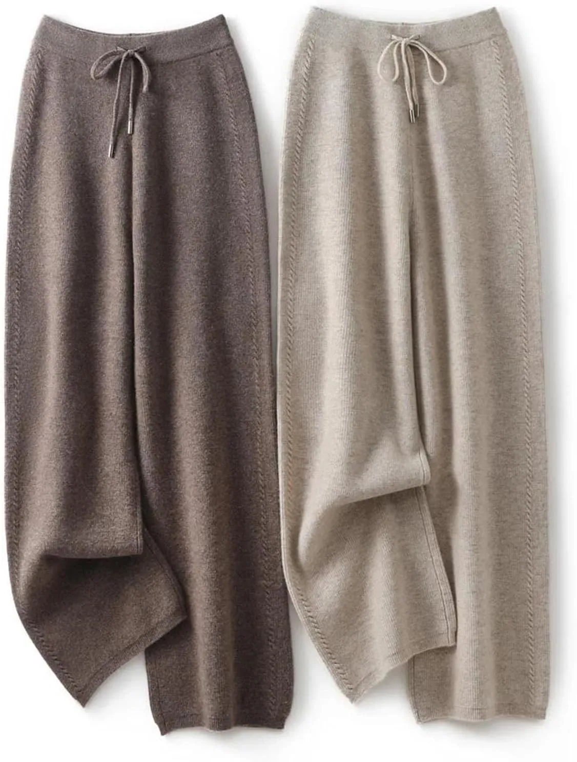 Women Wide-Leg Wool Knitted Elastic Waist Pants Vintage Solid Lace Up Twisted Soft Trousers