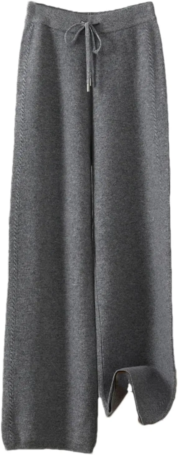Women Wide-Leg Wool Knitted Elastic Waist Pants Vintage Solid Lace Up Twisted Soft Trousers
