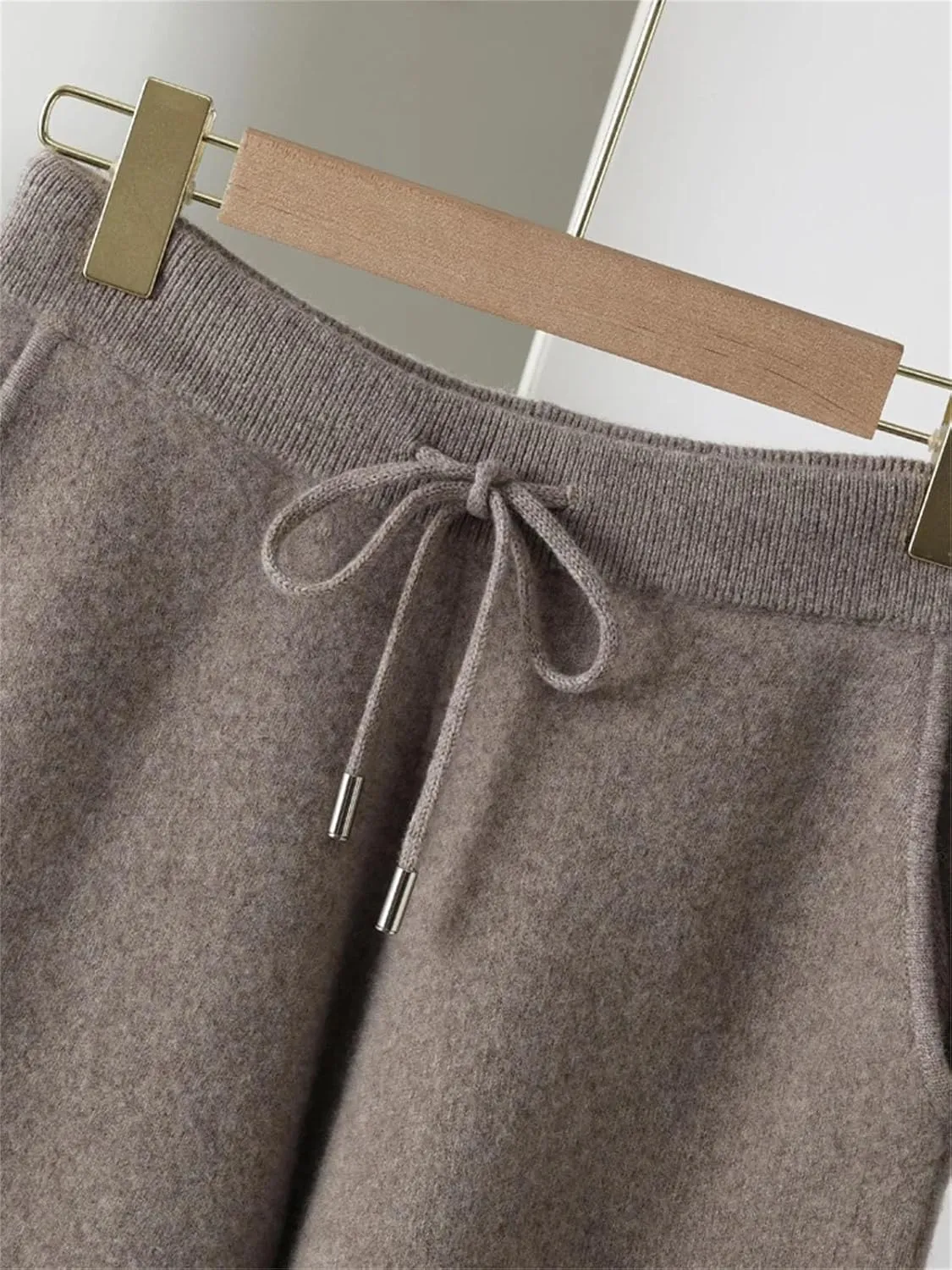 Women Wool Drawstring Lace Up Trousers Vintage Soft Elastic Waist Knitted Long Pants