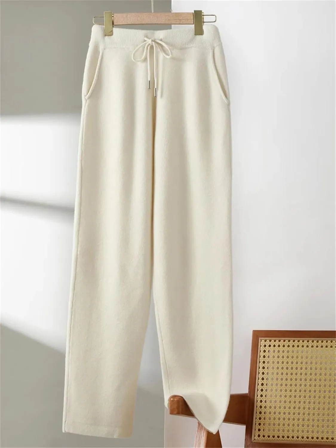 Women Wool Drawstring Lace Up Trousers Vintage Soft Elastic Waist Knitted Long Pants