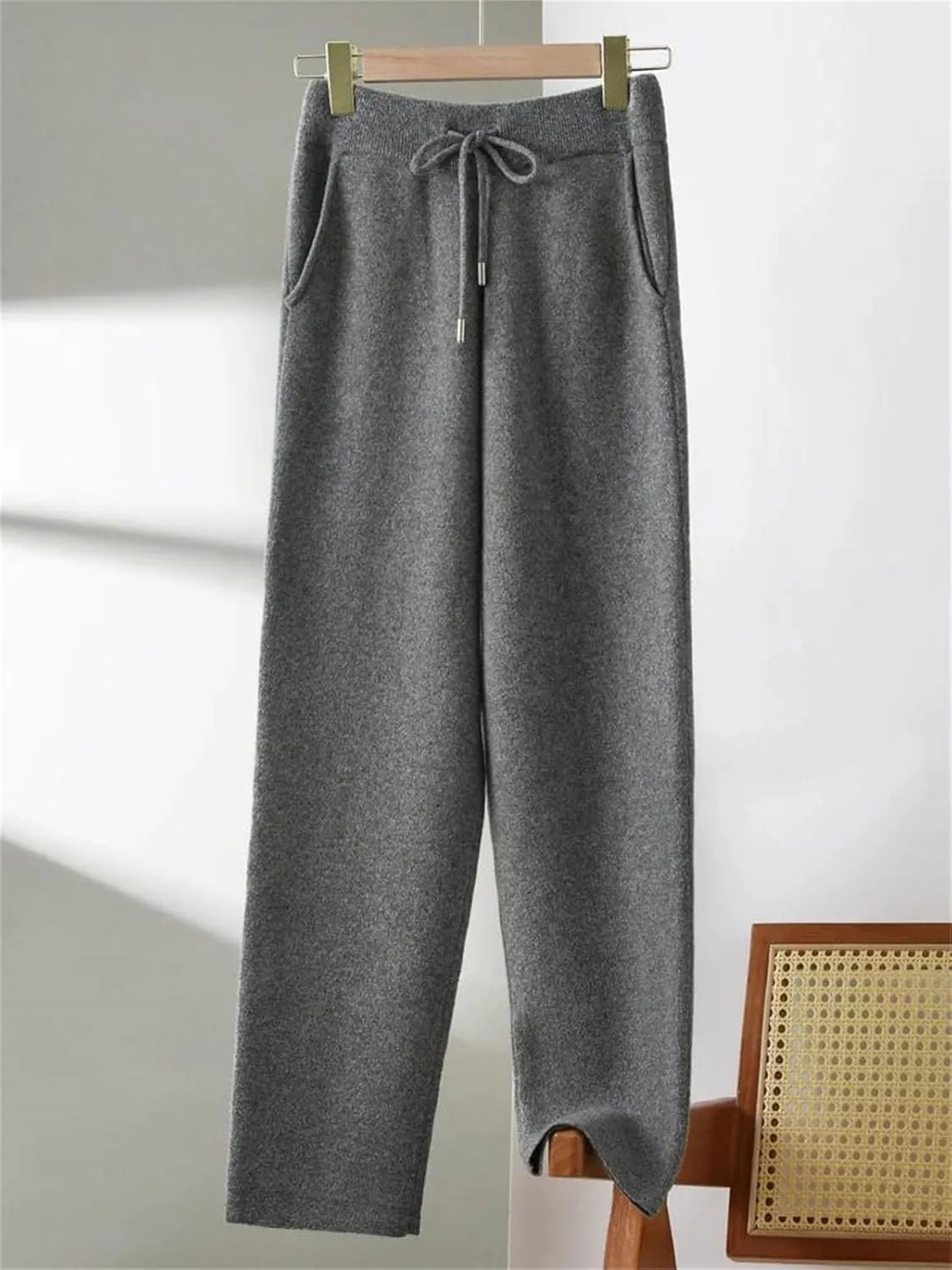 Women Wool Drawstring Lace Up Trousers Vintage Soft Elastic Waist Knitted Long Pants