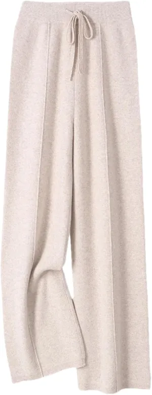 Women Wool Knitted Wide Leg Long Pants Casual Basic Soft Warm Lace Up Solid Trousers