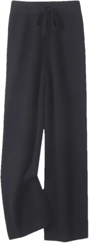 Women Wool Knitted Wide Leg Long Pants Casual Basic Soft Warm Lace Up Solid Trousers
