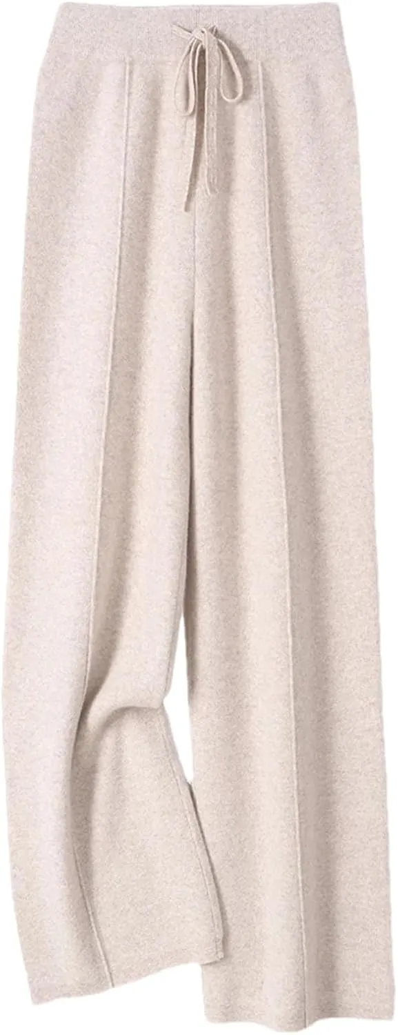 Women Wool Knitted Wide Leg Long Pants Casual Basic Soft Warm Lace Up Solid Trousers