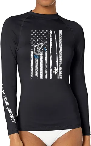 Women's American Flag Long Sleeve Sports Wicking T-Shirt Rash Guard for MMA BJJ Wrestling