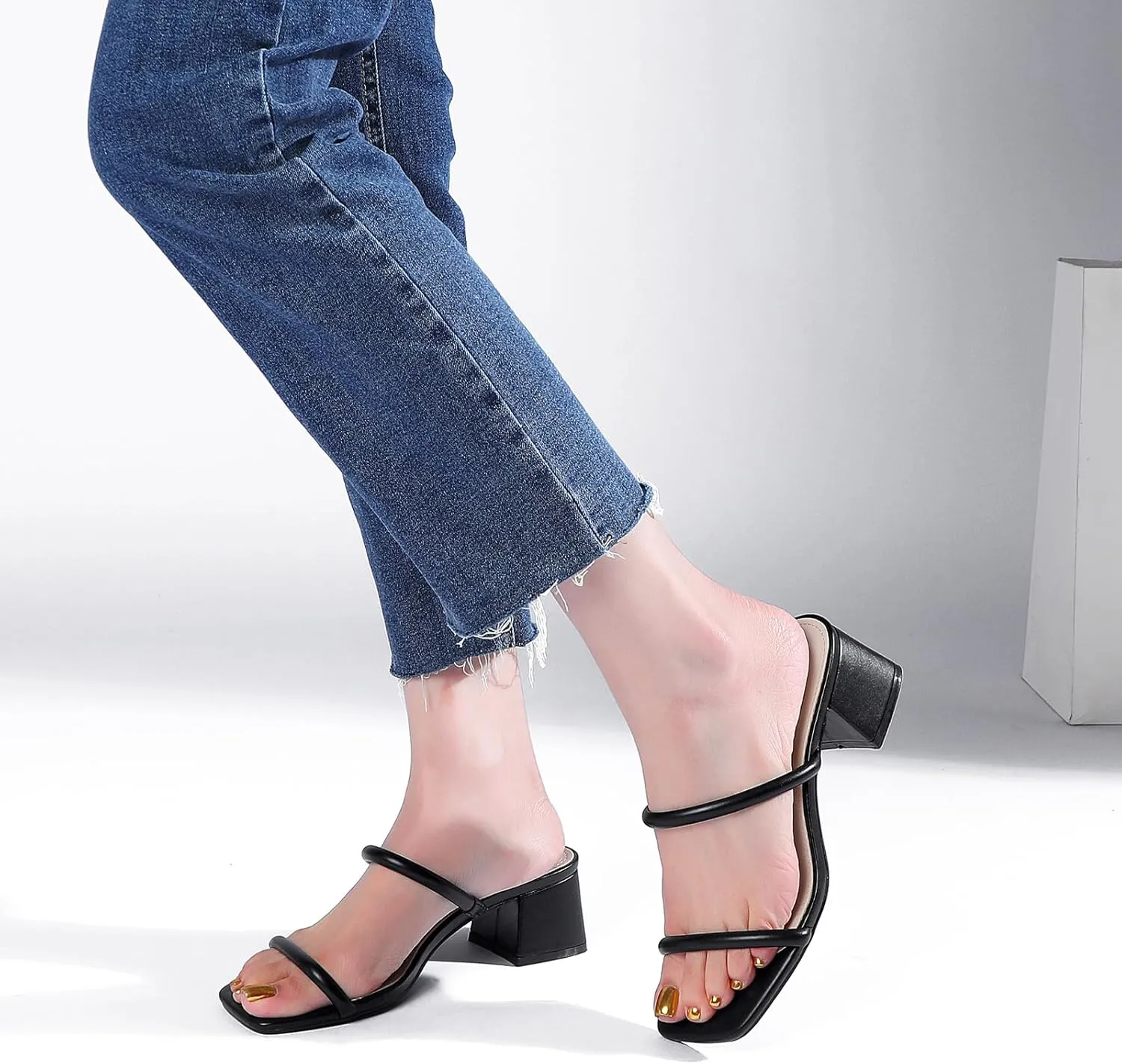 Women's Chunky Block Low Heeled Sandals Two Strap Square Open Toe Slip On Mule Heels