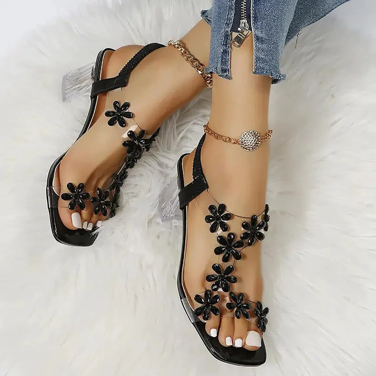 Women's Clear Floral Crystal Block Heel Sandals,Summer Fashion Elastic Ankle Strap Casual Open Toe High Heels Crystal Floral Elegant Pumps Dress Shoes