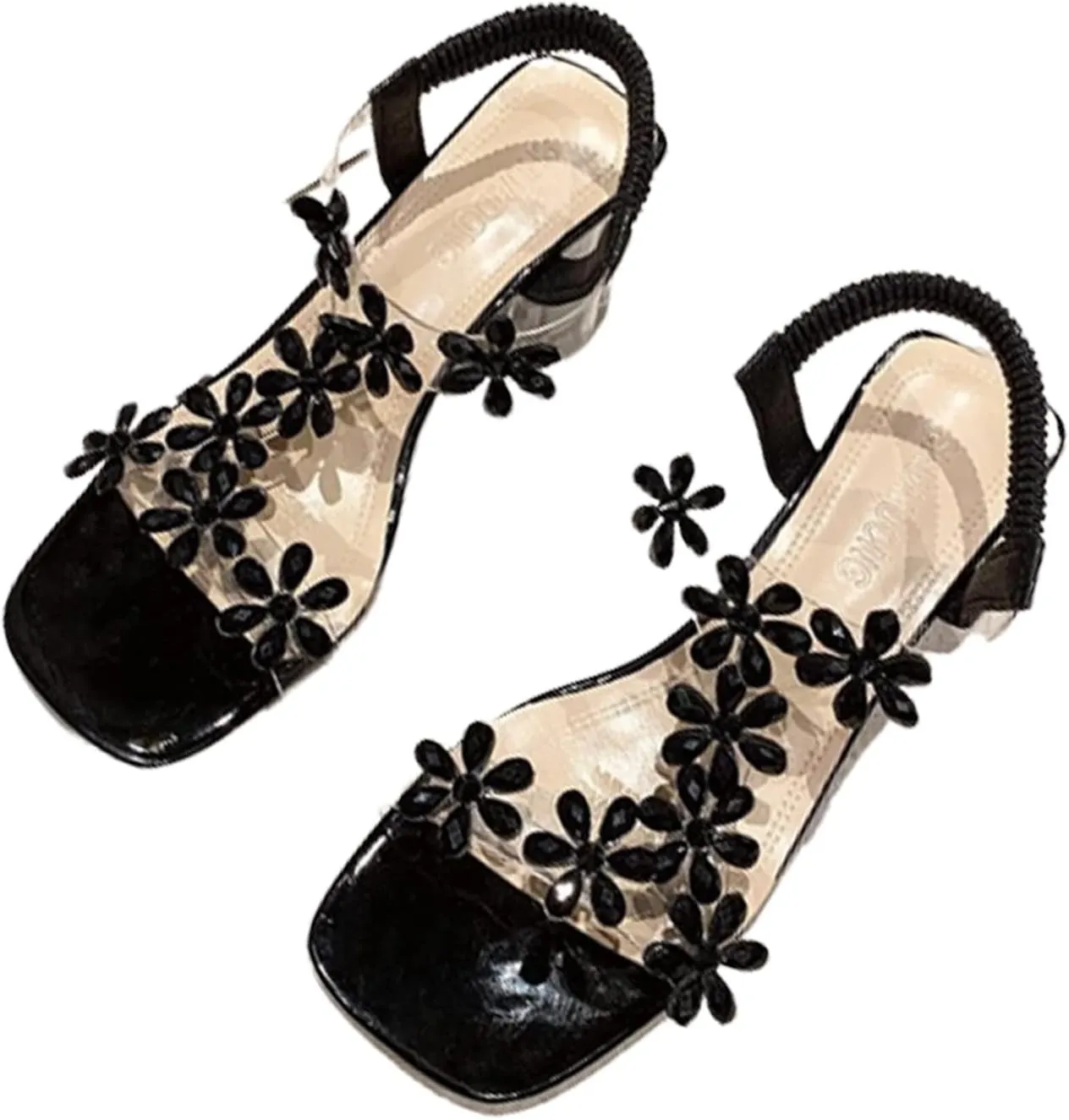 Women's Clear Floral Crystal Block Heel Sandals,Summer Fashion Elastic Ankle Strap Casual Open Toe High Heels Crystal Floral Elegant Pumps Dress Shoes