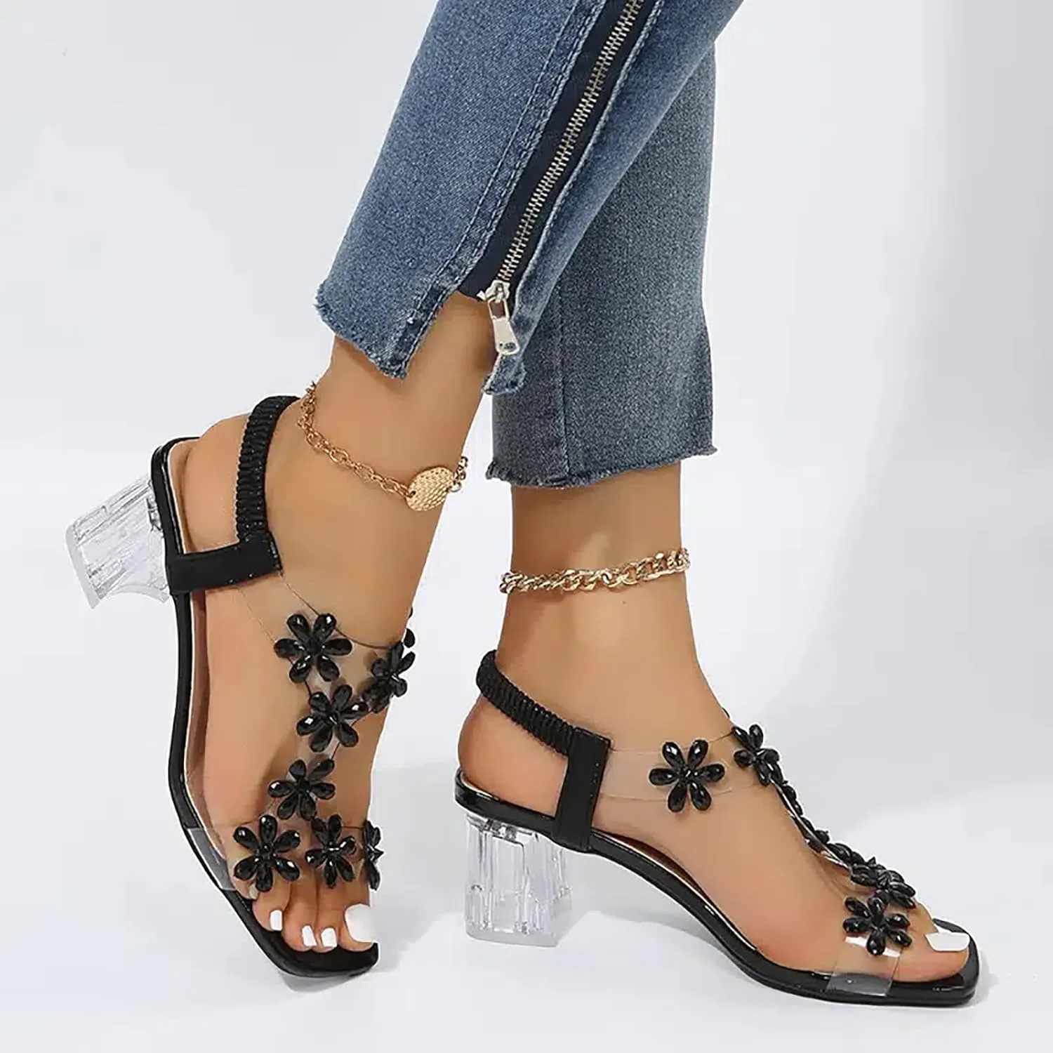 Women's Clear Floral Crystal Block Heel Sandals,Summer Fashion Elastic Ankle Strap Casual Open Toe High Heels Crystal Floral Elegant Pumps Dress Shoes