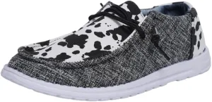 Women's Cow Pattern Canvas Loafers Elastic Strips Closure Slip-on Sneakers Comfort Easy-Walk Boat Shoes Ultralight Breathable Casual Sports Shoes for Women/Men Adults/Teenagers, Couple Shoes, Grey