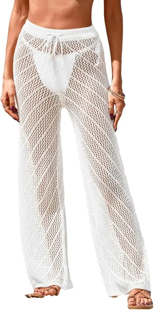 Womens Crochet Knit Elastic Waist Swimsuit Coverup Summer 2025 Striped Beach Bathing Suit Cover Up Pants