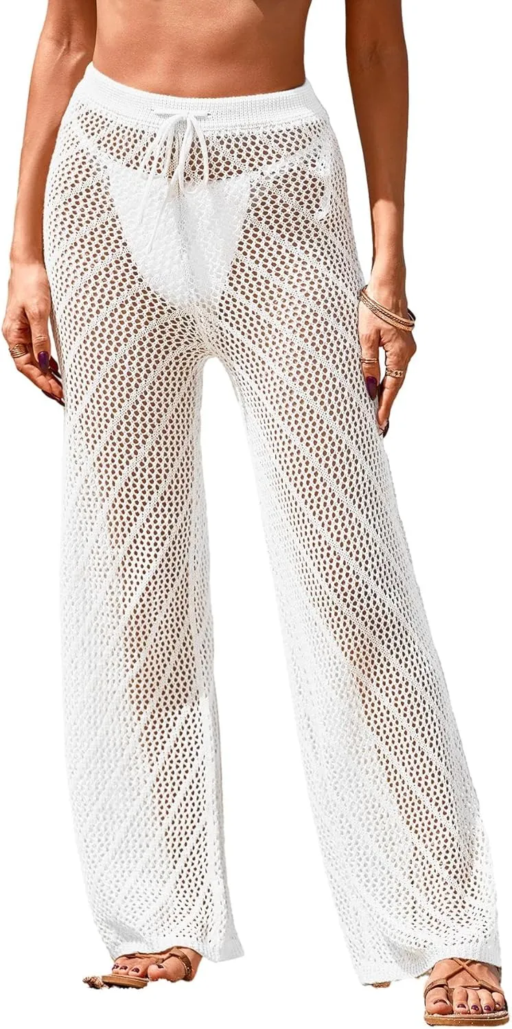 Womens Crochet Knit Elastic Waist Swimsuit Coverup Summer 2025 Striped Beach Bathing Suit Cover Up Pants