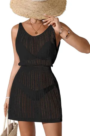 Womens Crochet Knit Waist Cinched Beach Coverup Mini Dress Summer 2025 Backless V Neck Bathing Suit Cover Up