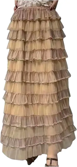 Women's Elegant Mesh Tulle Long Skirt Summer Elastic Waist Puffy Fluffy Layered A-Line Cake Skirts