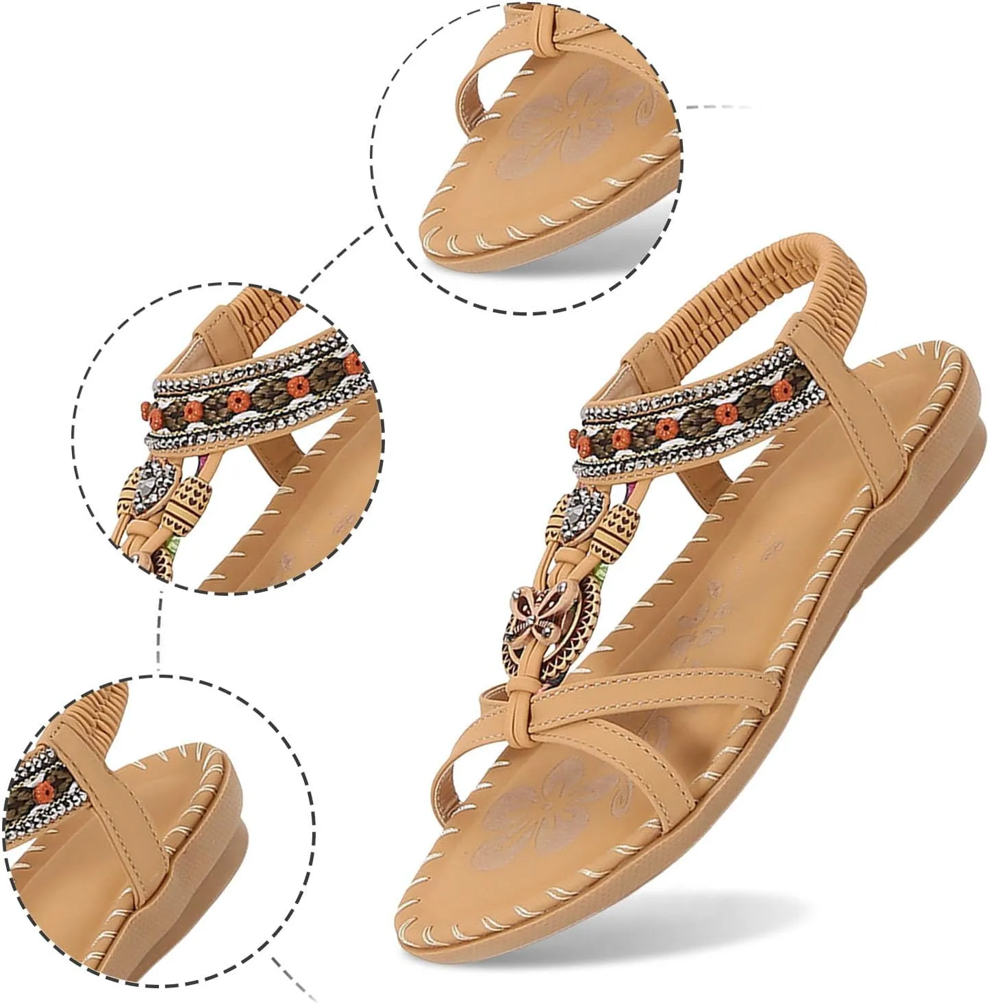 Women's Flat Sandals Comfort Walking with Non Slip Casual Summer Beach Ankle Elastic Jeweled Bohemian