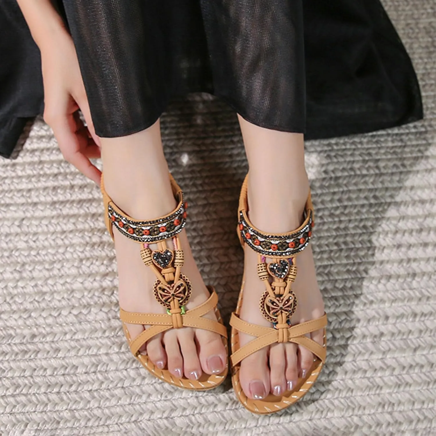 Women's Flat Sandals Comfort Walking with Non Slip Casual Summer Beach Ankle Elastic Jeweled Bohemian