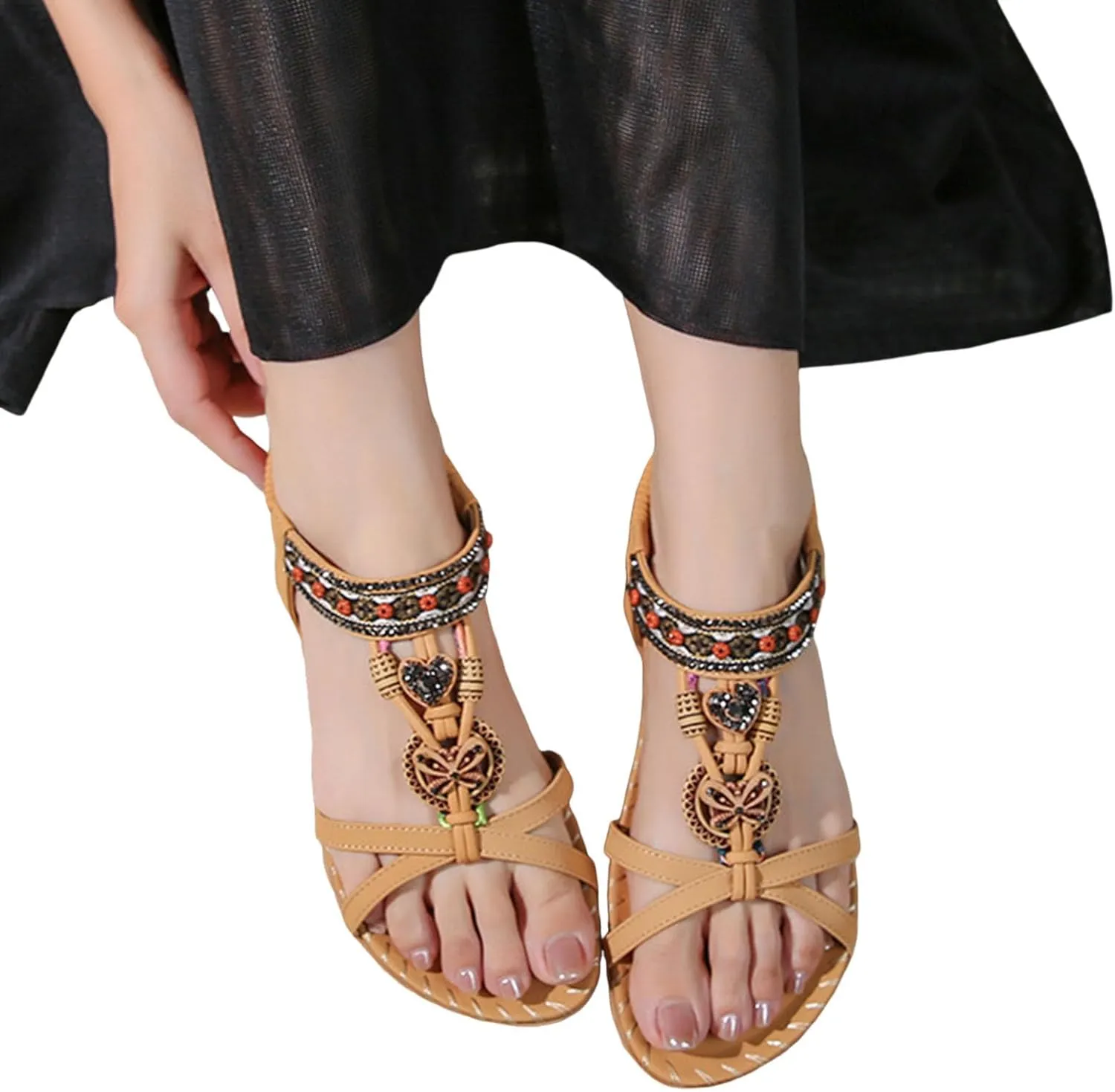 Women's Flat Sandals Comfort Walking with Non Slip Casual Summer Beach Ankle Elastic Jeweled Bohemian