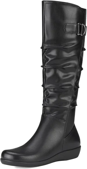 Women's Knee High Slouchy Boots Flat Tall Boots for Women Pull On Fall Boots with Side Zipper