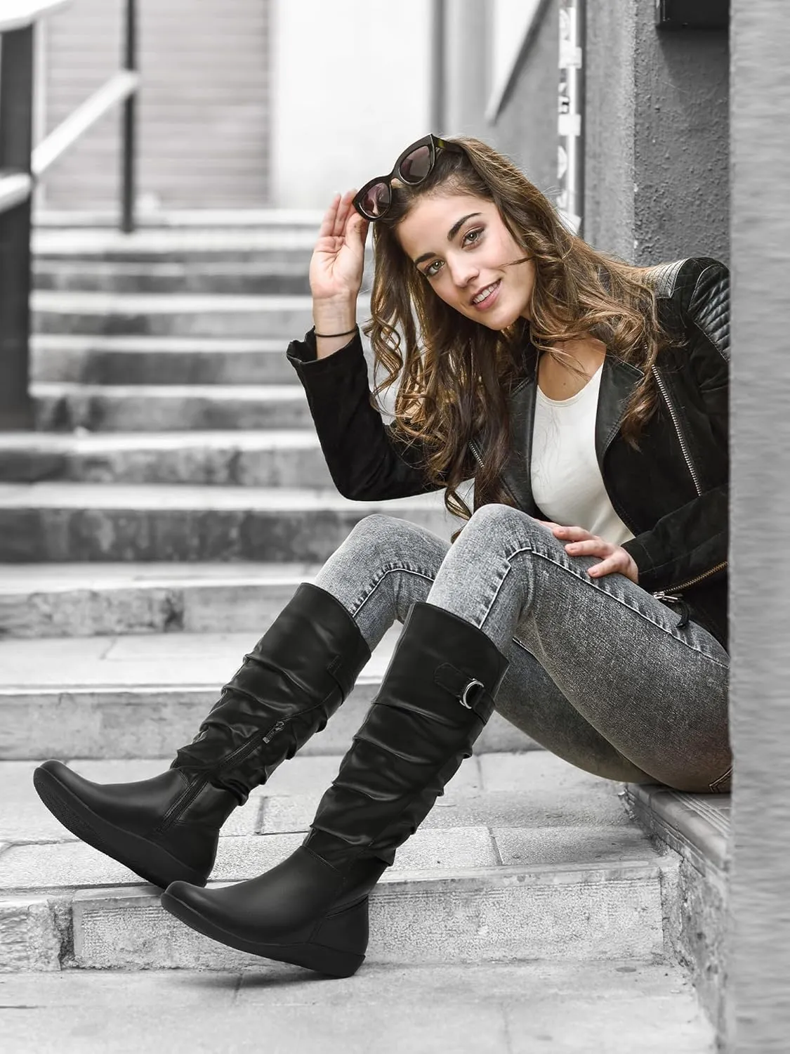 Women's Knee High Slouchy Boots Flat Tall Boots for Women Pull On Fall Boots with Side Zipper