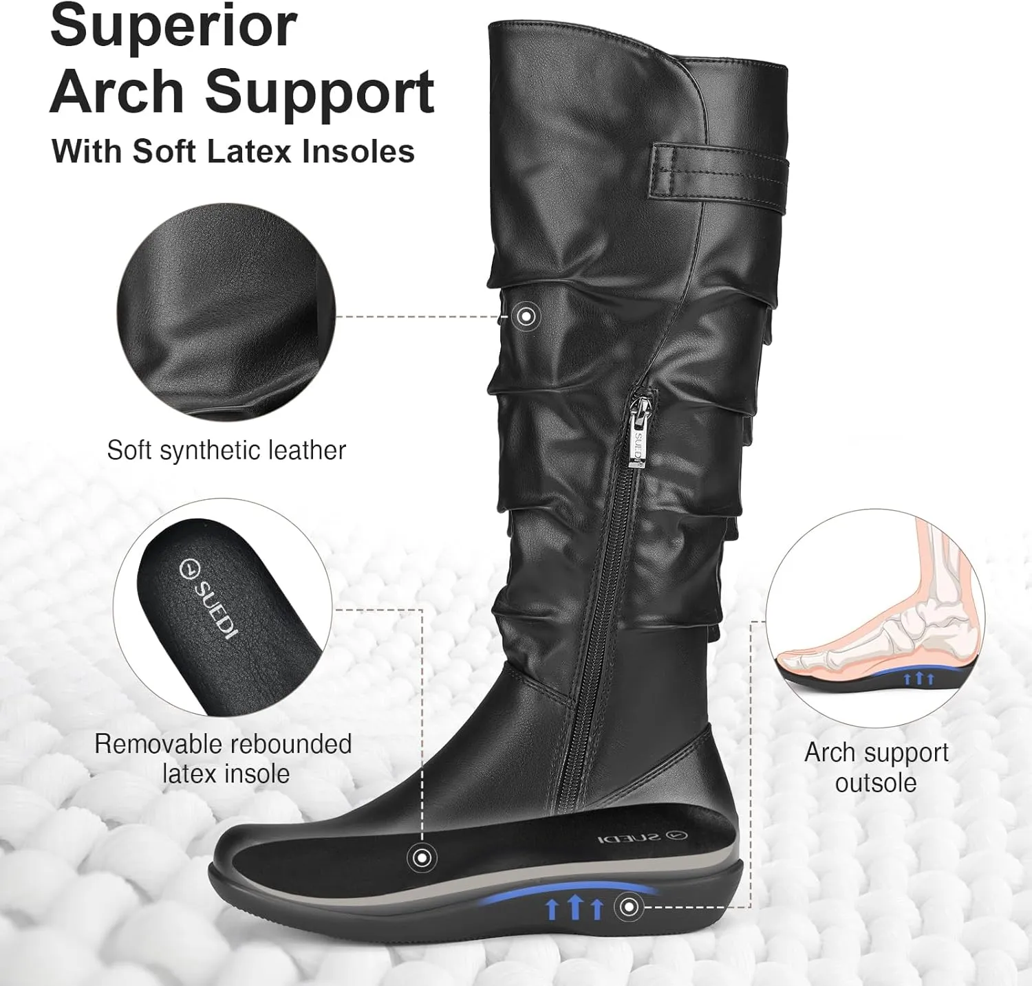 Women's Knee High Slouchy Boots Flat Tall Boots for Women Pull On Fall Boots with Side Zipper