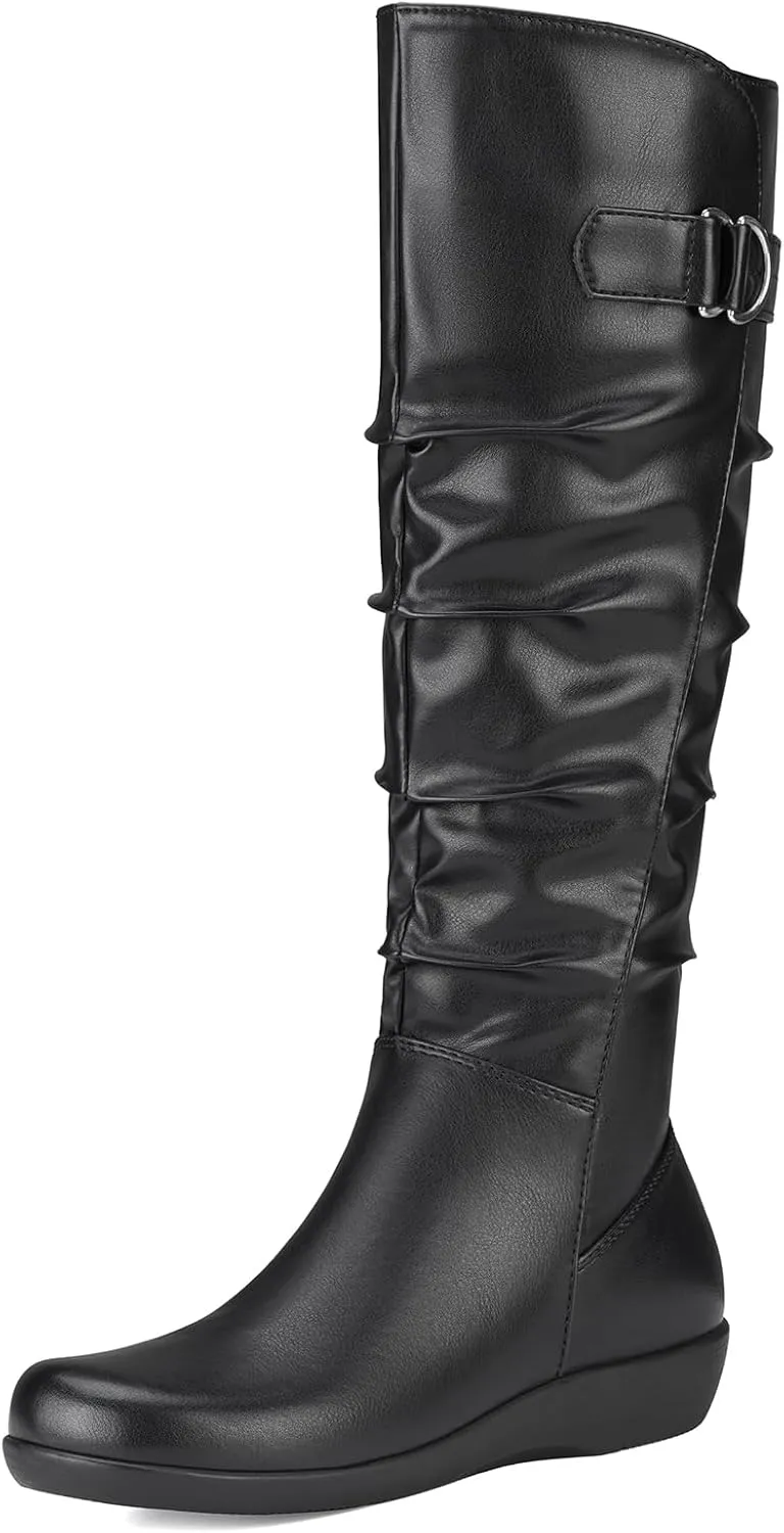 Women's Knee High Slouchy Boots Flat Tall Boots for Women Pull On Fall Boots with Side Zipper