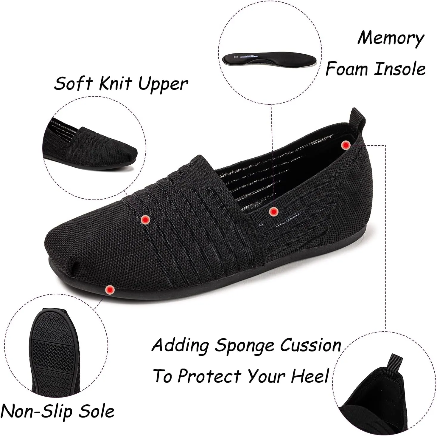 Women's Knit Flat Shoes,Classic Casual Washable Shoes,Comfortable Walking Slip-On Ballerina Square Toe Shoes for Women