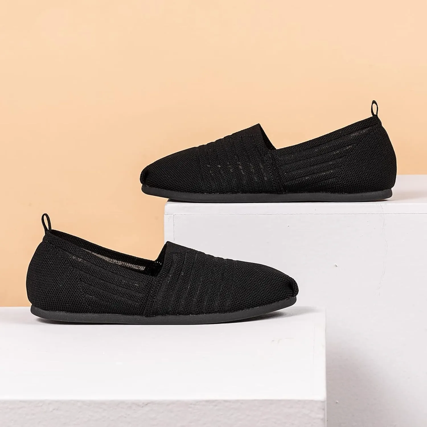 Women's Knit Flat Shoes,Classic Casual Washable Shoes,Comfortable Walking Slip-On Ballerina Square Toe Shoes for Women